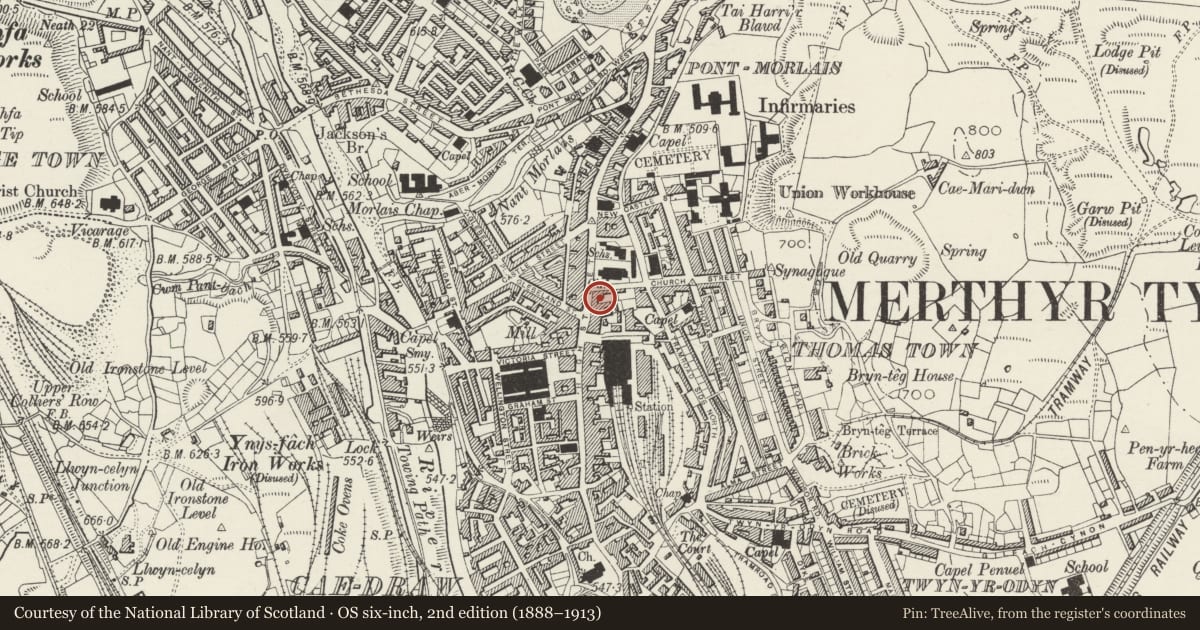Ordnance Survey six-inch map, 2nd edition (1888–1913) covering the location of Lloyds Bank, Town, Merthyr Tydfil, with a pin at the register's coordinates