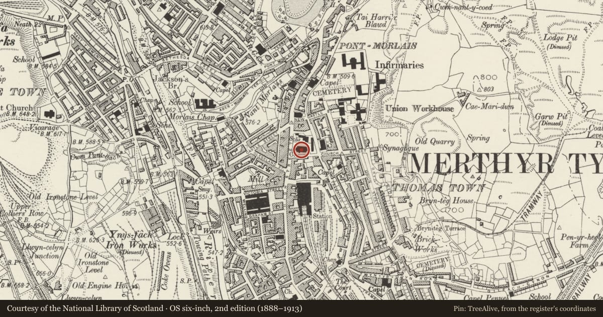 Ordnance Survey six-inch map, 2nd edition (1888–1913) covering the location of St David's Church, Town, Merthyr Tydfil, with a pin at the register's coordinates