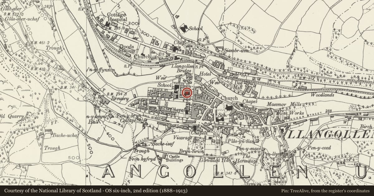 Ordnance Survey six-inch map, 2nd edition (1888–1913) covering the location of Ectarc (Former Bedyddwyr Chapel), Llangollen, Denbighshire, with a pin at the register's coordinates