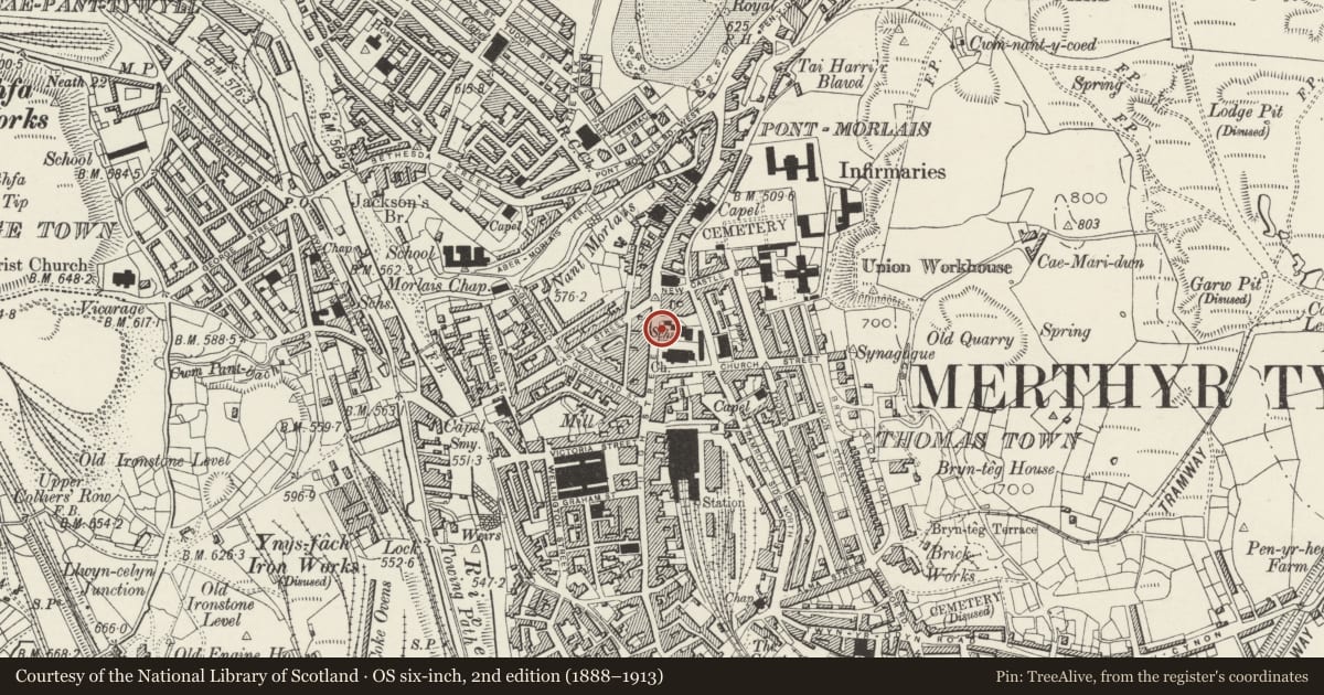Ordnance Survey six-inch map, 2nd edition (1888–1913) covering the location of Statue & Plinth to Henry Seymour Berry, Town, Merthyr Tydfil, with a pin at the register's coordinates