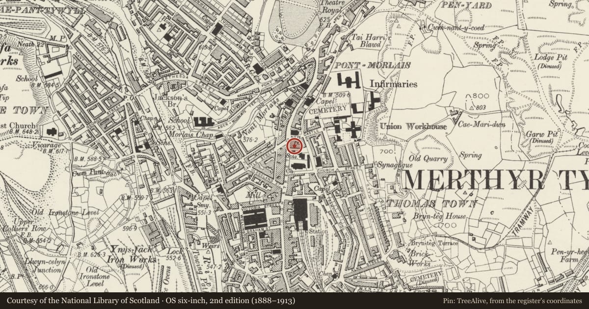 Ordnance Survey six-inch map, 2nd edition (1888–1913) covering the location of Former County Court, Town, Merthyr Tydfil, with a pin at the register's coordinates