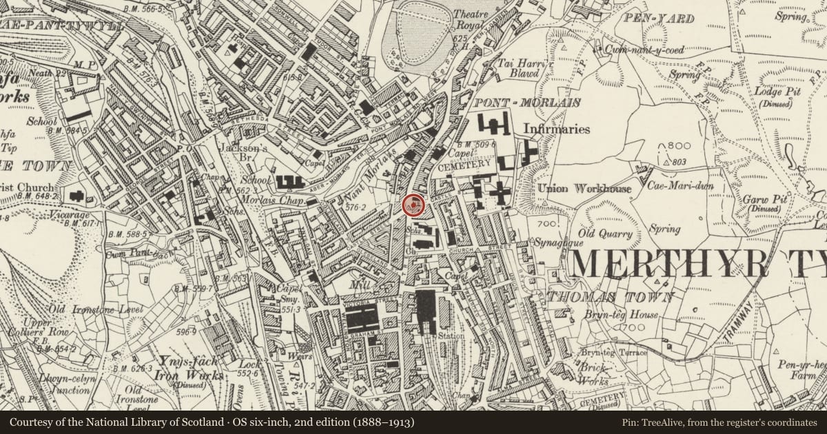 Ordnance Survey six-inch map, 2nd edition (1888–1913) covering the location of Pillar Box at NE corner of Town Hall, Merthyr Tydfil, with a pin at the register's coordinates