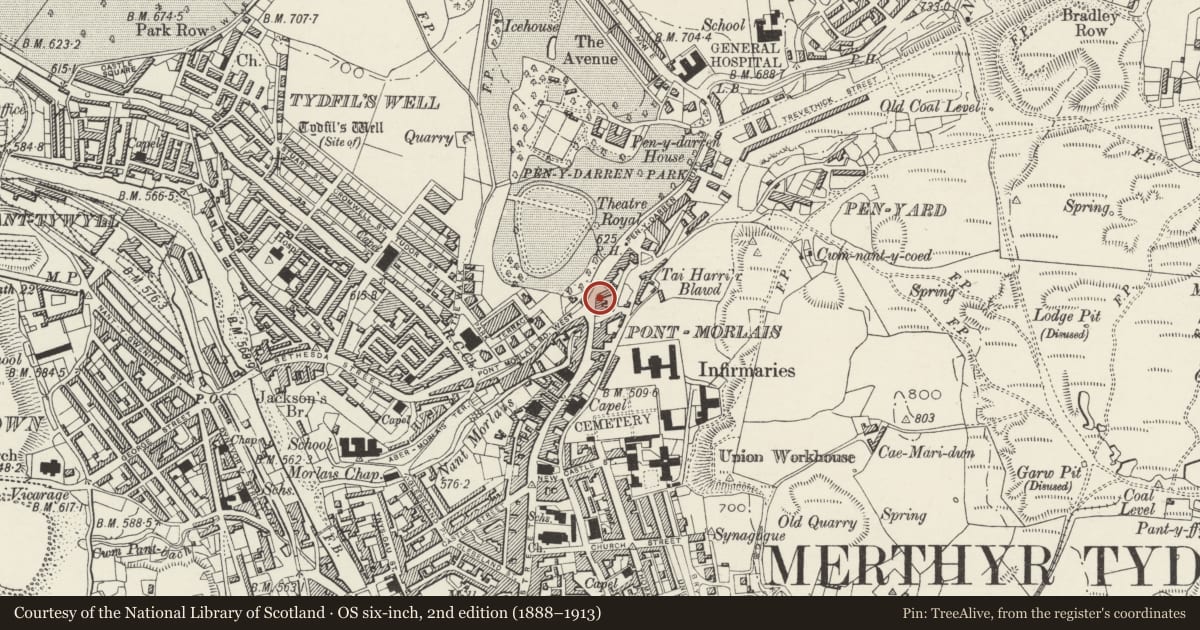 Ordnance Survey six-inch map, 2nd edition (1888–1913) covering the location of Flooks, Town, Merthyr Tydfil, with a pin at the register's coordinates