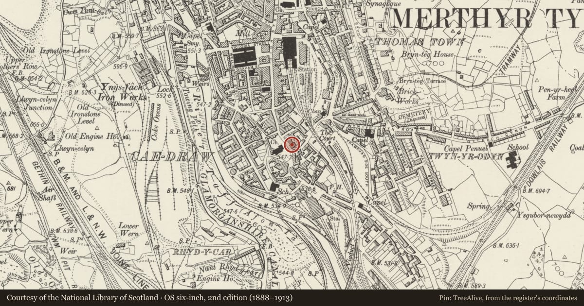 Ordnance Survey six-inch map, 2nd edition (1888–1913) covering the location of Ironwork Fountain Canopy, Town, Merthyr Tydfil, with a pin at the register's coordinates