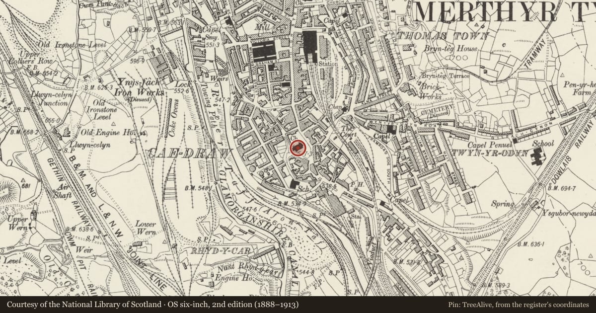 Ordnance Survey six-inch map, 2nd edition (1888–1913) covering the location of St Tydfil's Church, Town, Merthyr Tydfil, with a pin at the register's coordinates