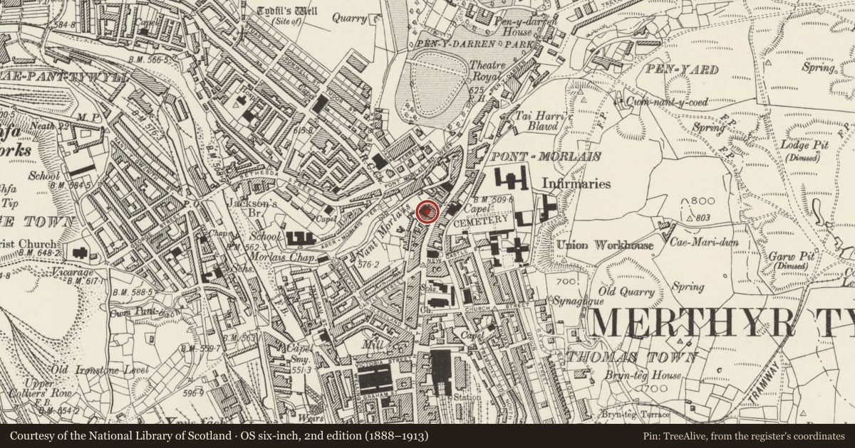 Ordnance Survey six-inch map, 2nd edition (1888–1913) covering the location of Zoar Chapel (Welsh Congregational), Town, Merthyr Tydfil, with a pin at the register's coordinates