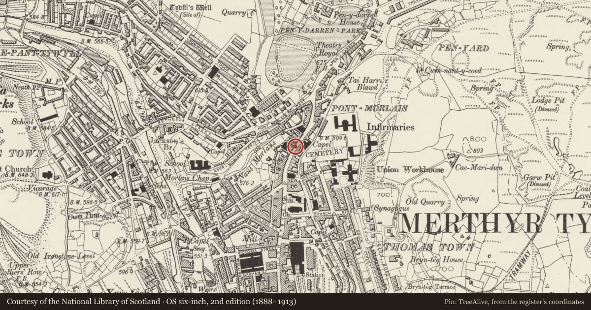 Ordnance Survey six-inch map, 2nd edition (1888–1913) covering the location of Gates & Gatepiers at Entry to Zoar Chapel, Town, Merthyr Tydfil, with a pin at the register's coordinates