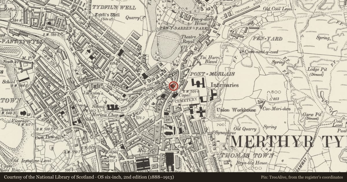 Ordnance Survey six-inch map, 2nd edition (1888–1913) covering the location of Former Wesley Methodist Church, Town, Merthyr Tydfil, with a pin at the register's coordinates