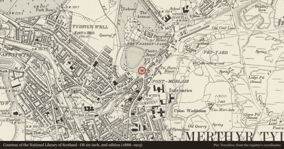 Ordnance Survey six-inch map, 2nd edition (1888–1913) covering the location of Merthyr Tydfil War Memorial, Park, Merthyr Tydfil, with a pin at the register's coordinates