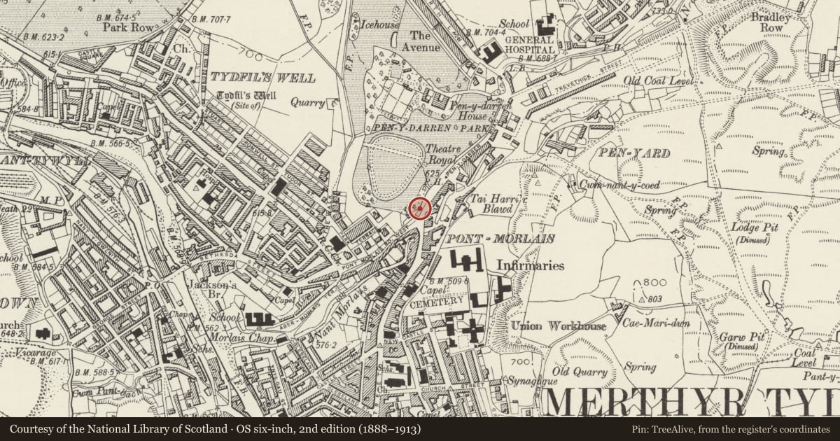 Ordnance Survey six-inch map, 2nd edition (1888–1913) covering the location of Guard Rail & Steps at Merthyr Tydfil War Memorial, Park, Merthyr Tydfil, with a pin at the register's coordinates