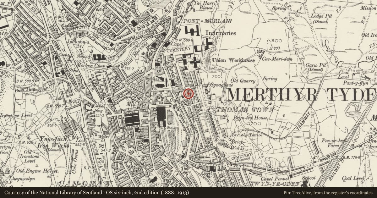 Ordnance Survey six-inch map, 2nd edition (1888–1913) covering the location of Former Unitarian Chapel, Town, Merthyr Tydfil, with a pin at the register's coordinates