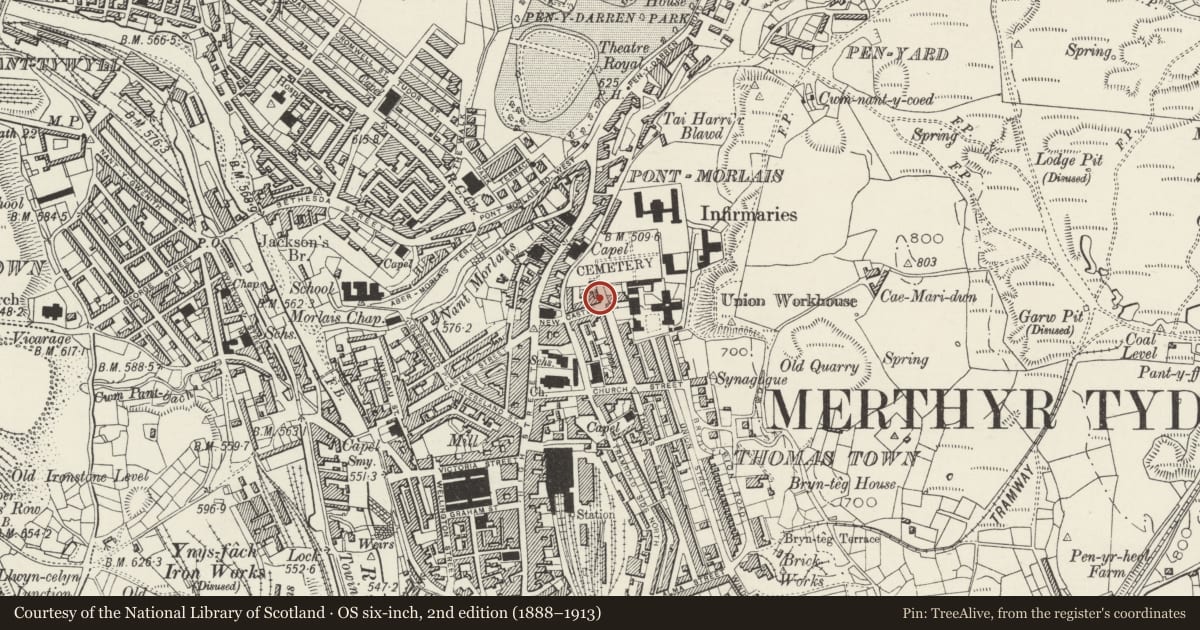 Ordnance Survey six-inch map, 2nd edition (1888–1913) covering the location of 13A New Castle Street, Town, Merthyr Tydfil, with a pin at the register's coordinates