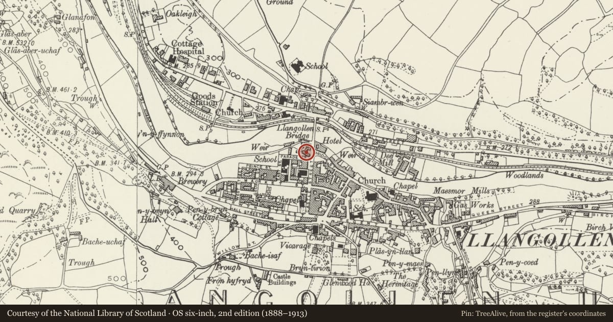 Ordnance Survey six-inch map, 2nd edition (1888–1913) covering the location of Gabriel's, Llangollen, Denbighshire, with a pin at the register's coordinates