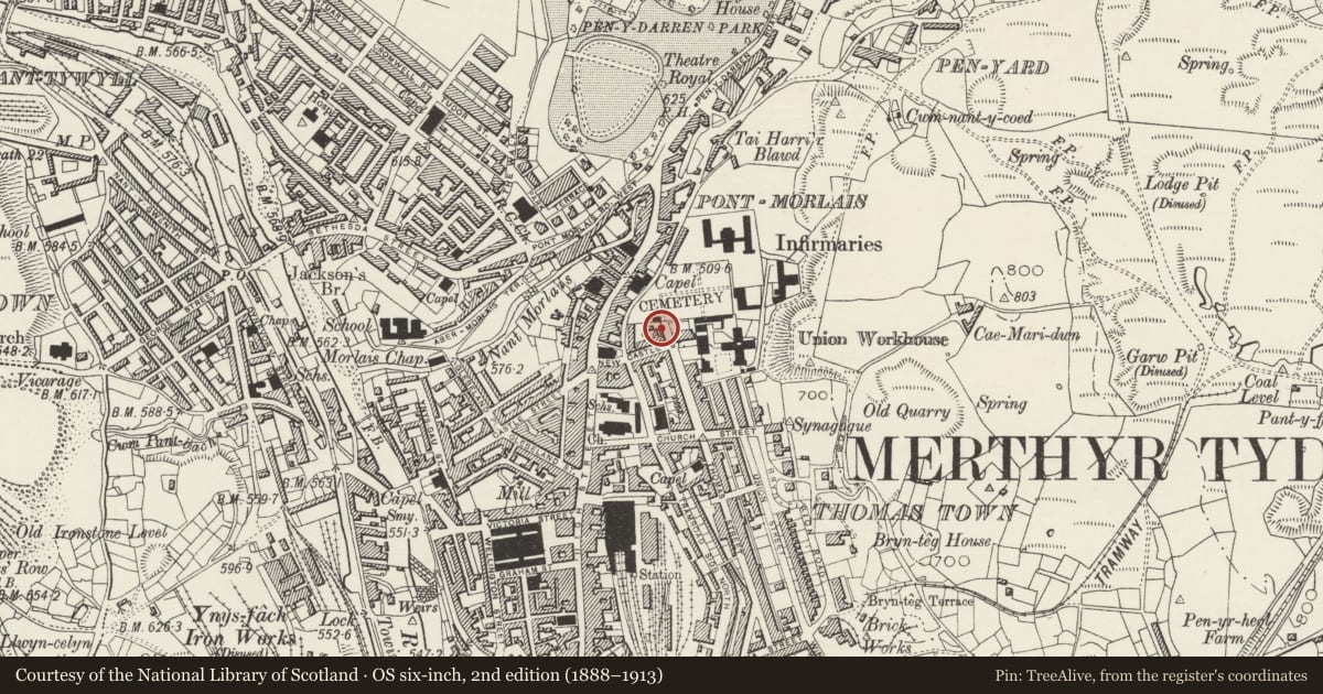 Ordnance Survey six-inch map, 2nd edition (1888–1913) covering the location of 14 New Castle Street, Town, Merthyr Tydfil, with a pin at the register's coordinates