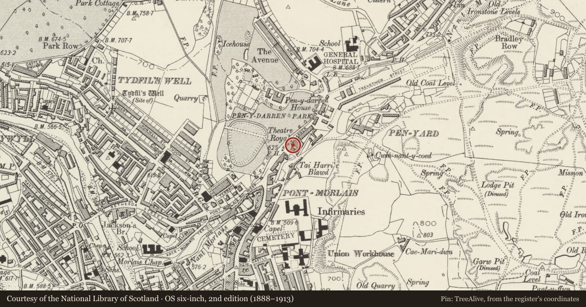 Ordnance Survey six-inch map, 2nd edition (1888–1913) covering the location of Thespian House at Theatre Royal, Town, Merthyr Tydfil, with a pin at the register's coordinates