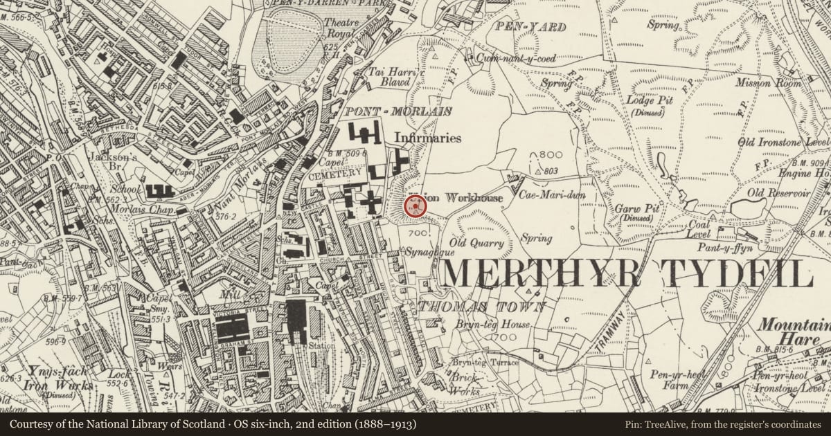 Ordnance Survey six-inch map, 2nd edition (1888–1913) covering the location of Boer War Memorial & Railings, Town, Merthyr Tydfil, with a pin at the register's coordinates