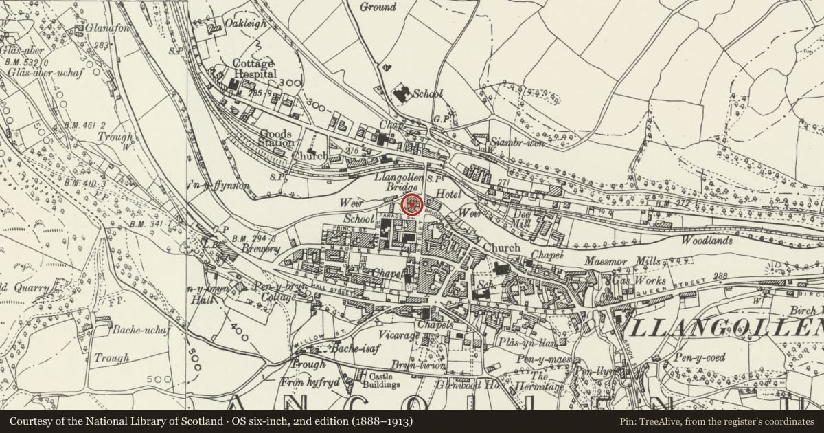 Ordnance Survey six-inch map, 2nd edition (1888–1913) covering the location of Cottage Tea Rooms, Llangollen, Denbighshire, with a pin at the register's coordinates