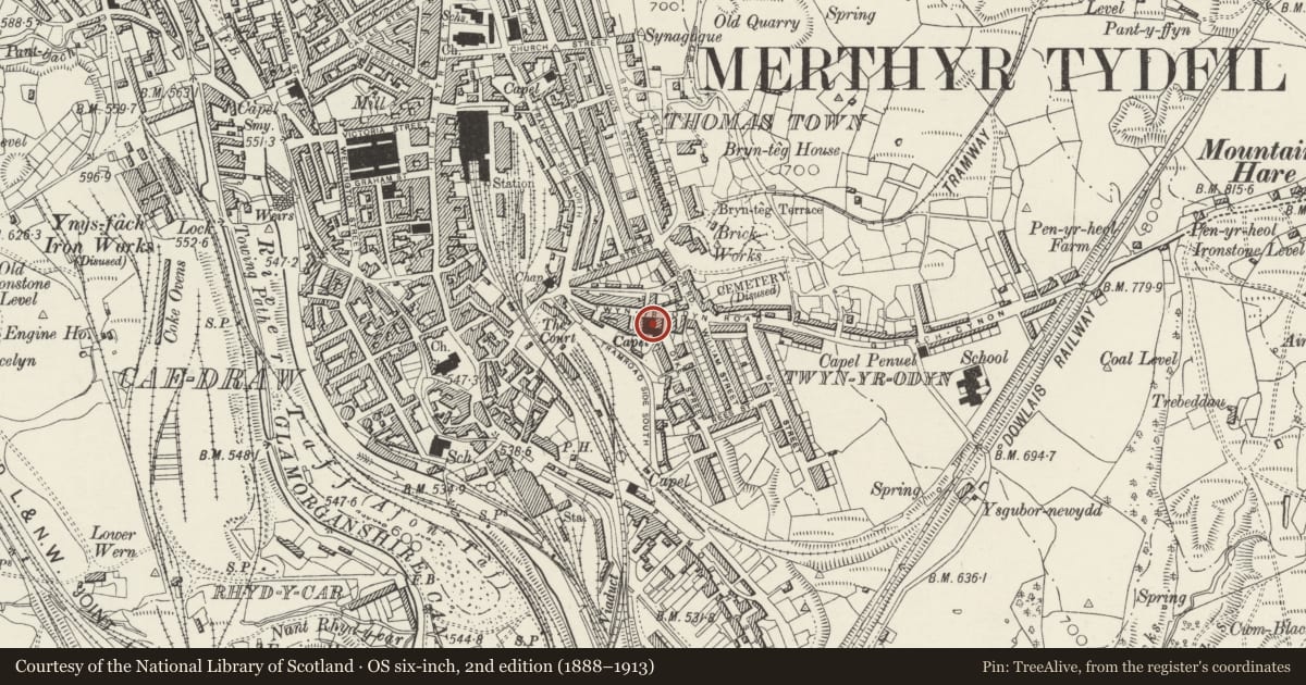 Ordnance Survey six-inch map, 2nd edition (1888–1913) covering the location of Zion Chapel (Capel Seion), Town, Merthyr Tydfil, with a pin at the register's coordinates