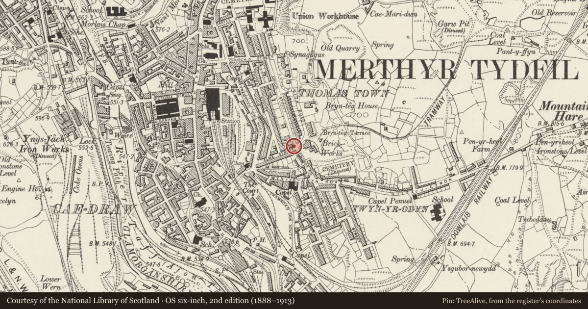Ordnance Survey six-inch map, 2nd edition (1888–1913) covering the location of Tydfil House, Town, Merthyr Tydfil, with a pin at the register's coordinates