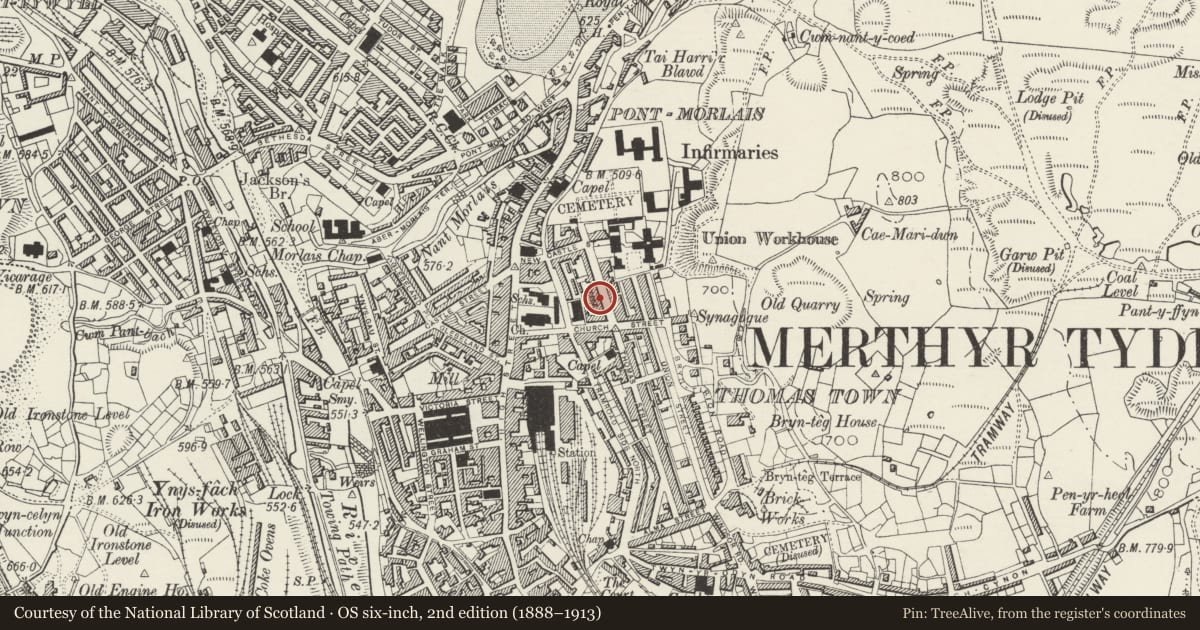 Ordnance Survey six-inch map, 2nd edition (1888–1913) covering the location of Newton House, Town, Merthyr Tydfil, with a pin at the register's coordinates