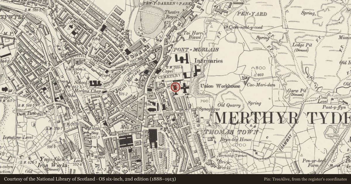 Ordnance Survey six-inch map, 2nd edition (1888–1913) covering the location of St Tydfil's Hospital: Entrance Block (Centre Part Only), Town, Merthyr Tydfil, with a pin at the register's coordinates
