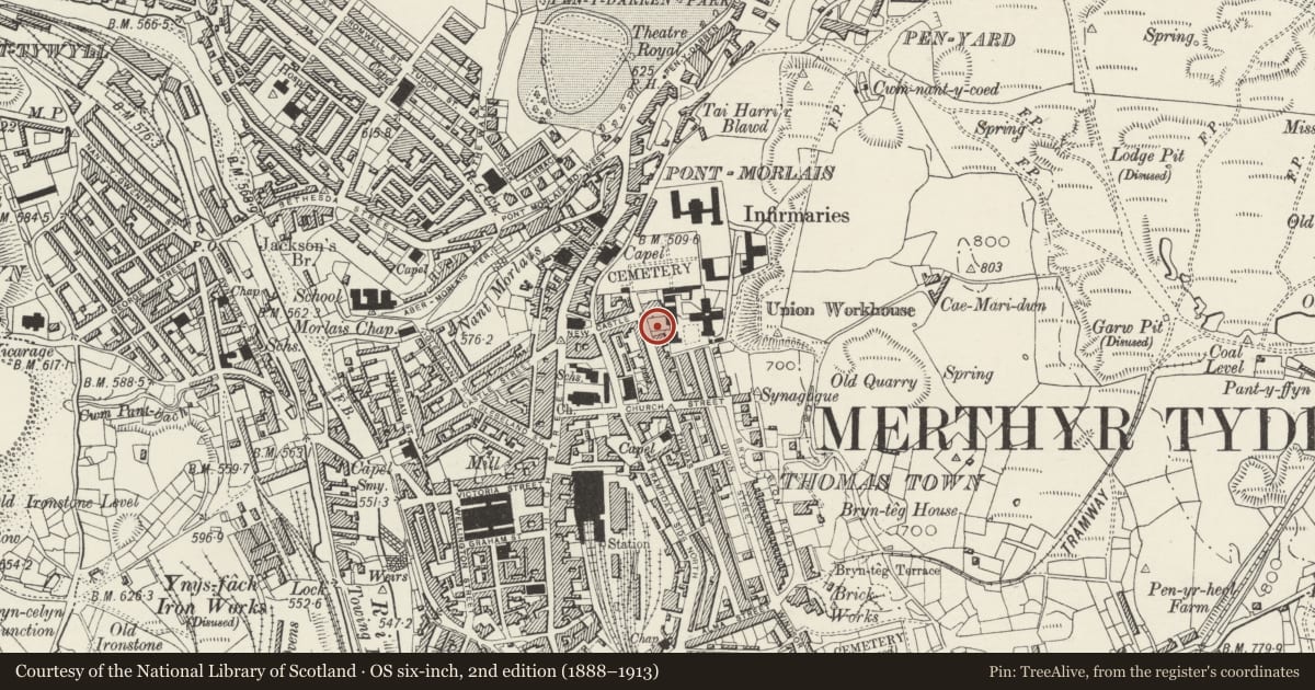Ordnance Survey six-inch map, 2nd edition (1888–1913) covering the location of Statue & Plinth to Sir W.T. Lewis, Town, Merthyr Tydfil, with a pin at the register's coordinates