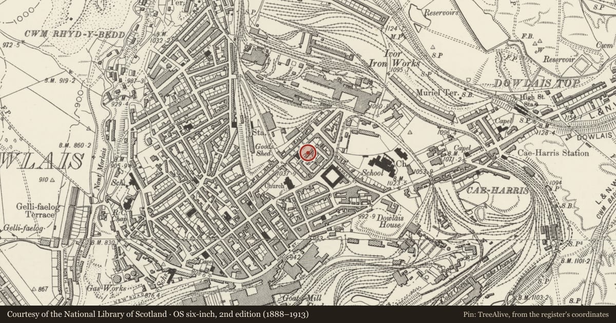 Ordnance Survey six-inch map, 2nd edition (1888–1913) covering the location of Stables House, Dowlais, Merthyr Tydfil, with a pin at the register's coordinates