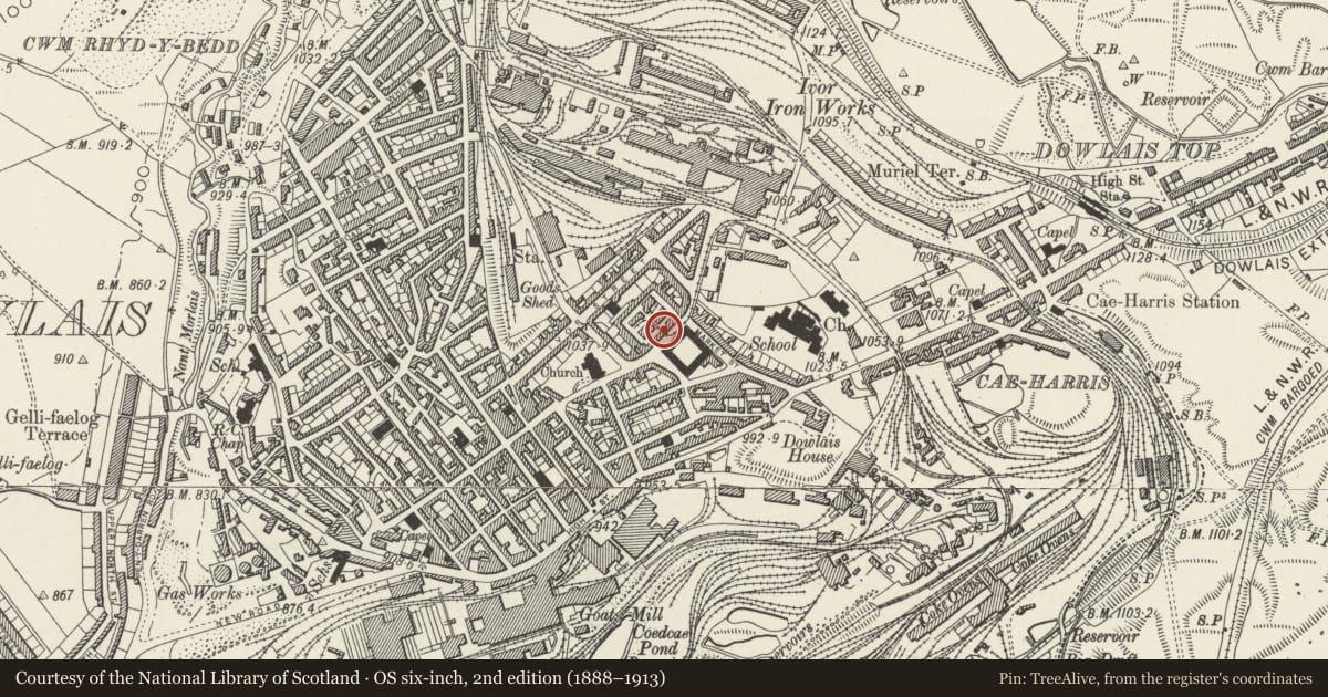 Ordnance Survey six-inch map, 2nd edition (1888–1913) covering the location of Dowlais Works Stables, Merthyr Tydfil, with a pin at the register's coordinates