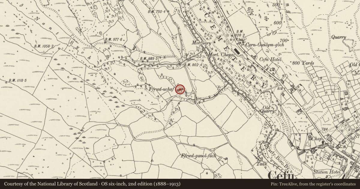 Ordnance Survey six-inch map, 2nd edition (1888–1913) covering the location of Ffrwd Uchaf Farmhouse and attached outbuilding, Vaynor, Merthyr Tydfil, with a pin at the register's coordinates