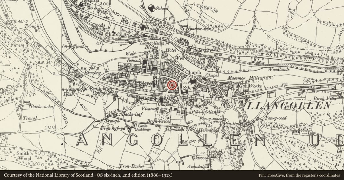 Ordnance Survey six-inch map, 2nd edition (1888–1913) covering the location of Reynard's, Llangollen, Denbighshire, with a pin at the register's coordinates