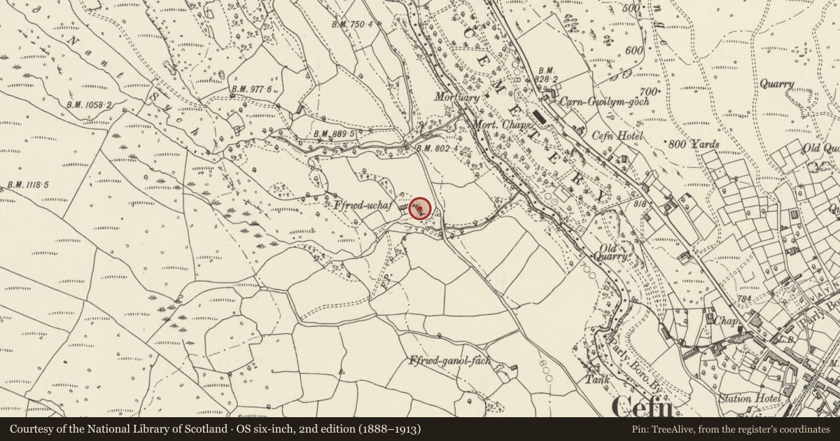 Ordnance Survey six-inch map, 2nd edition (1888–1913) covering the location of Barn range at Ffrwd Uchaf, Vaynor, Merthyr Tydfil, with a pin at the register's coordinates