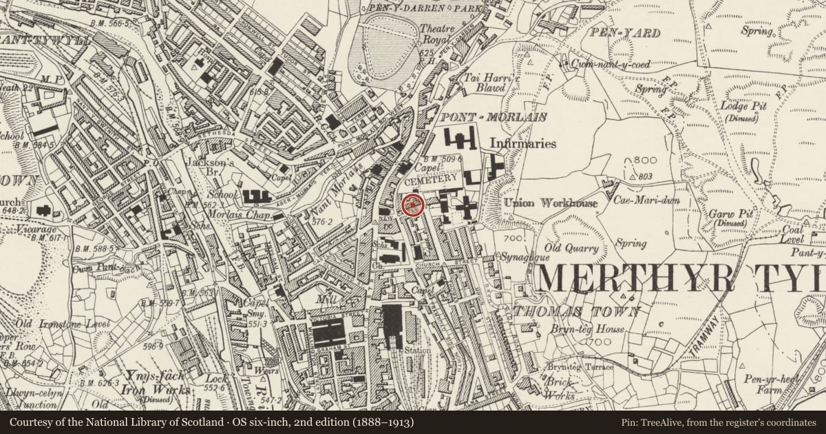 Ordnance Survey six-inch map, 2nd edition (1888–1913) covering the location of 11 New Castle Street, Town, Merthyr Tydfil, with a pin at the register's coordinates