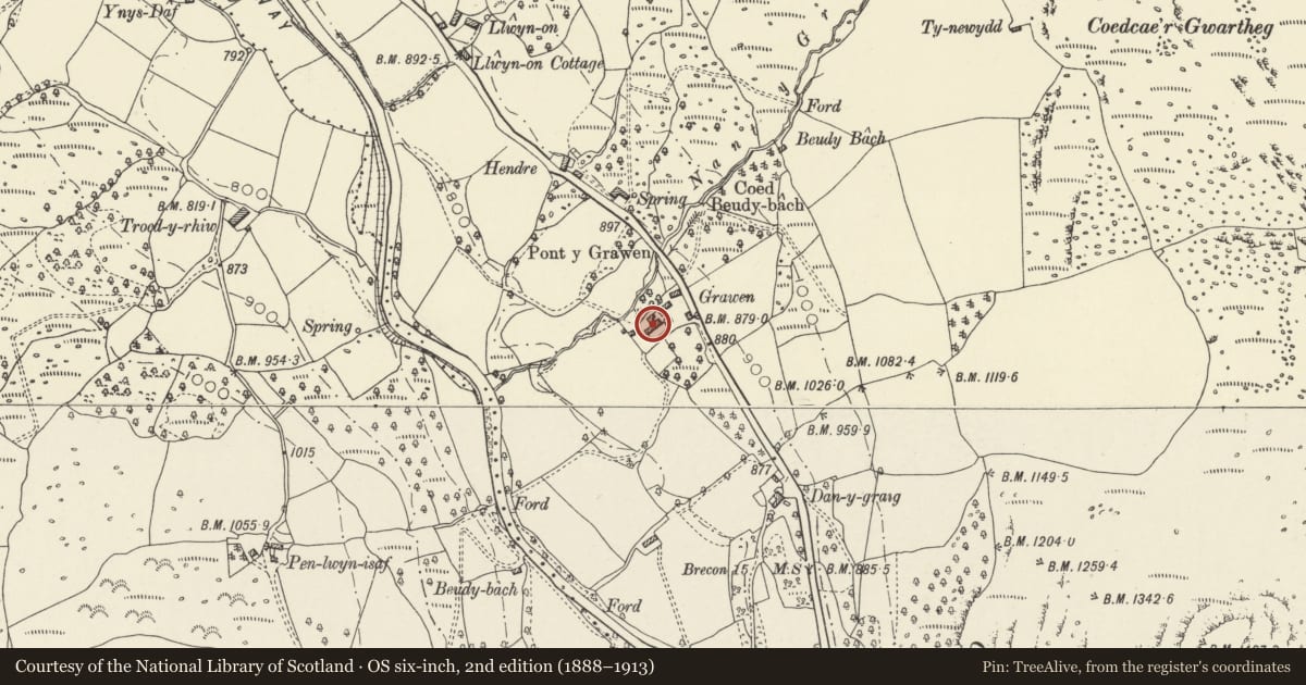 Ordnance Survey six-inch map, 2nd edition (1888–1913) covering the location of Grawen Farmhouse, Vaynor, Merthyr Tydfil, with a pin at the register's coordinates