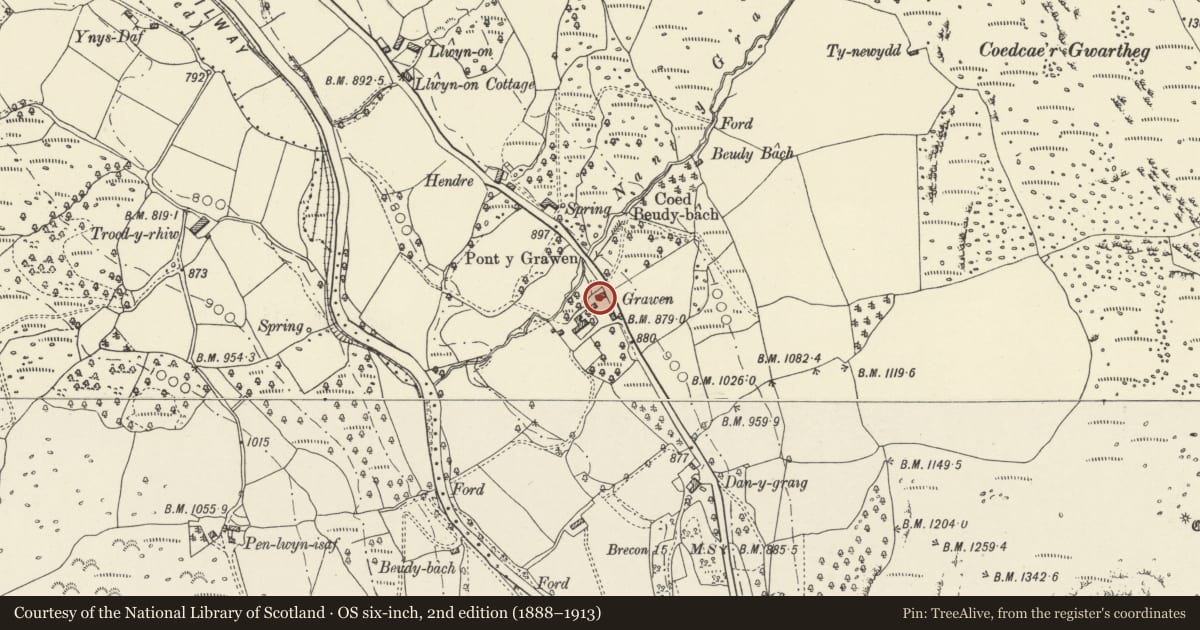 Ordnance Survey six-inch map, 2nd edition (1888–1913) covering the location of Barn at Grawen Farm, Vaynor, Merthyr Tydfil, with a pin at the register's coordinates