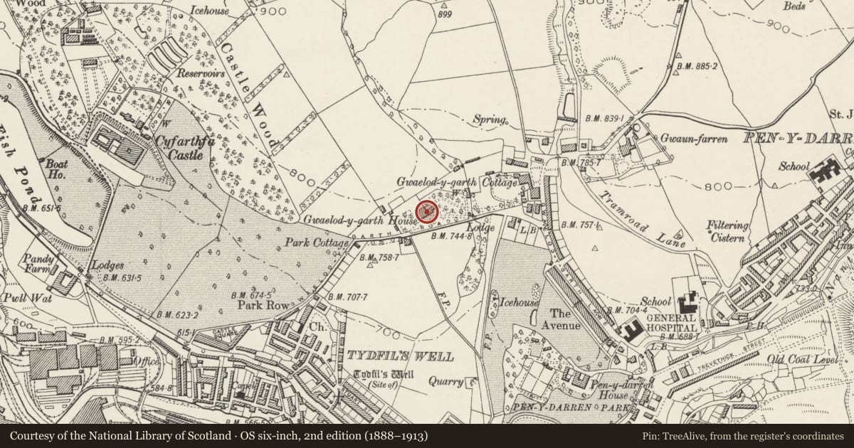 Ordnance Survey six-inch map, 2nd edition (1888–1913) covering the location of Gwaelodygarth House, Gurnos, Merthyr Tydfil, with a pin at the register's coordinates
