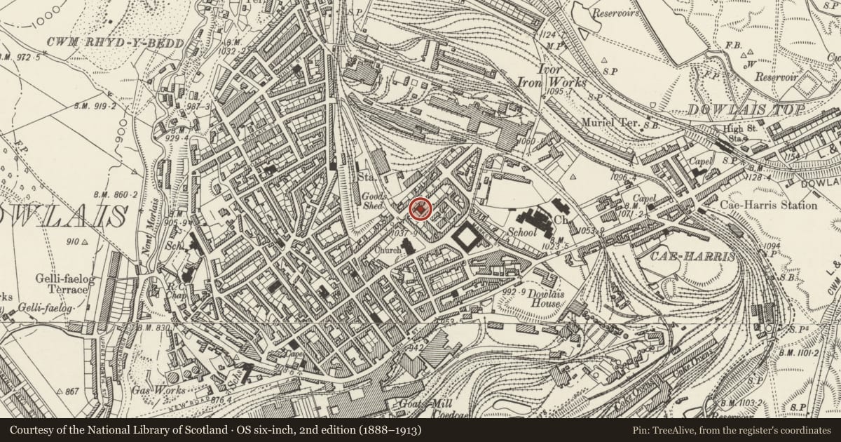 Ordnance Survey six-inch map, 2nd edition (1888–1913) covering the location of Ivor English Congregational Church including forecourt walls, Dowlais, Merthyr Tydfil, with a pin at the register's coordinates