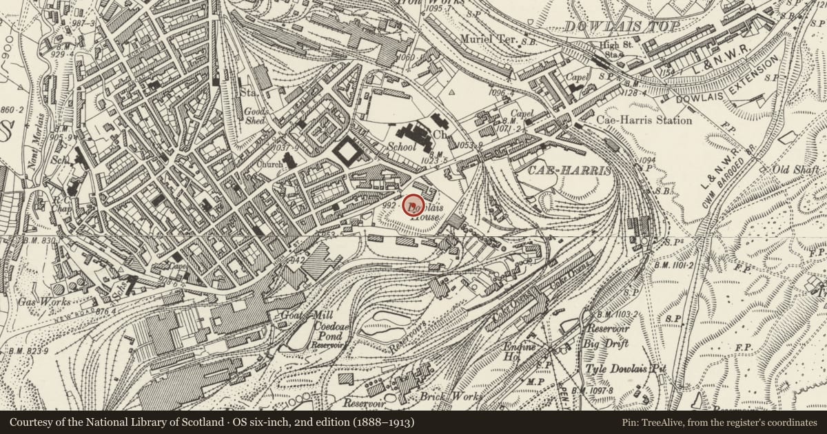 Ordnance Survey six-inch map, 2nd edition (1888–1913) covering the location of Dowlais Works Blast Engine House, Merthyr Tydfil, with a pin at the register's coordinates