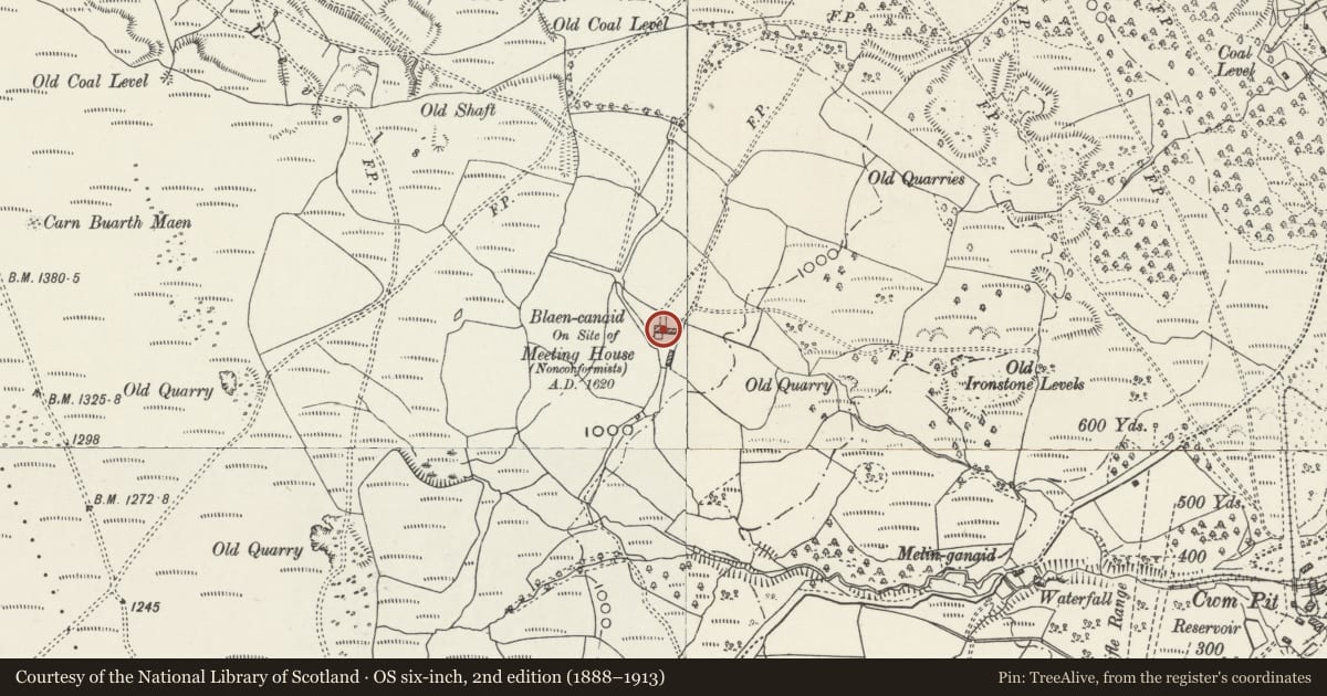 Ordnance Survey six-inch map, 2nd edition (1888–1913) covering the location of Blaen Canaid Farmhouse, Troed-y-Rhiw, Merthyr Tydfil, with a pin at the register's coordinates