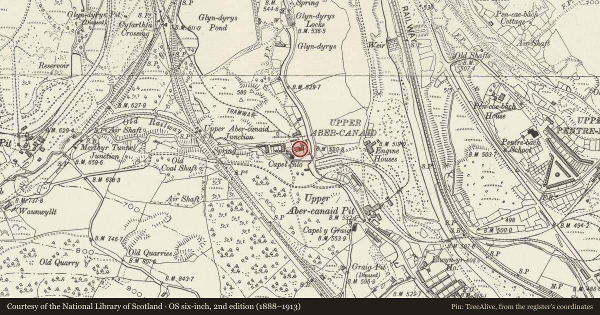 Ordnance Survey six-inch map, 2nd edition (1888–1913) covering the location of Upper Abercanaid House, Troed-y-Rhiw, Merthyr Tydfil, with a pin at the register's coordinates