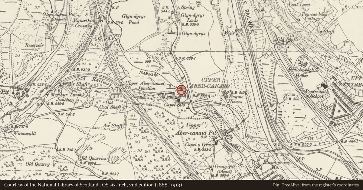 Ordnance Survey six-inch map, 2nd edition (1888–1913) covering the location of Garden walls and gatepiers at Upper Abercanaid House, Troed-y-Rhiw, Merthyr Tydfil, with a pin at the register's coordinates