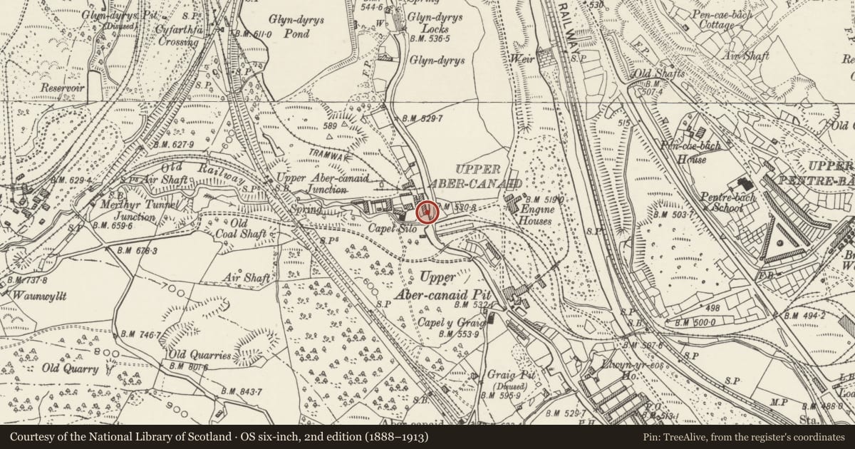 Ordnance Survey six-inch map, 2nd edition (1888–1913) covering the location of 2 Including former No 1, Troed-y-Rhiw, Merthyr Tydfil, with a pin at the register's coordinates