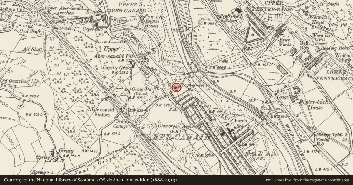 Ordnance Survey six-inch map, 2nd edition (1888–1913) covering the location of Llwyn-yr-eos House, Troed-y-Rhiw, Merthyr Tydfil, with a pin at the register's coordinates