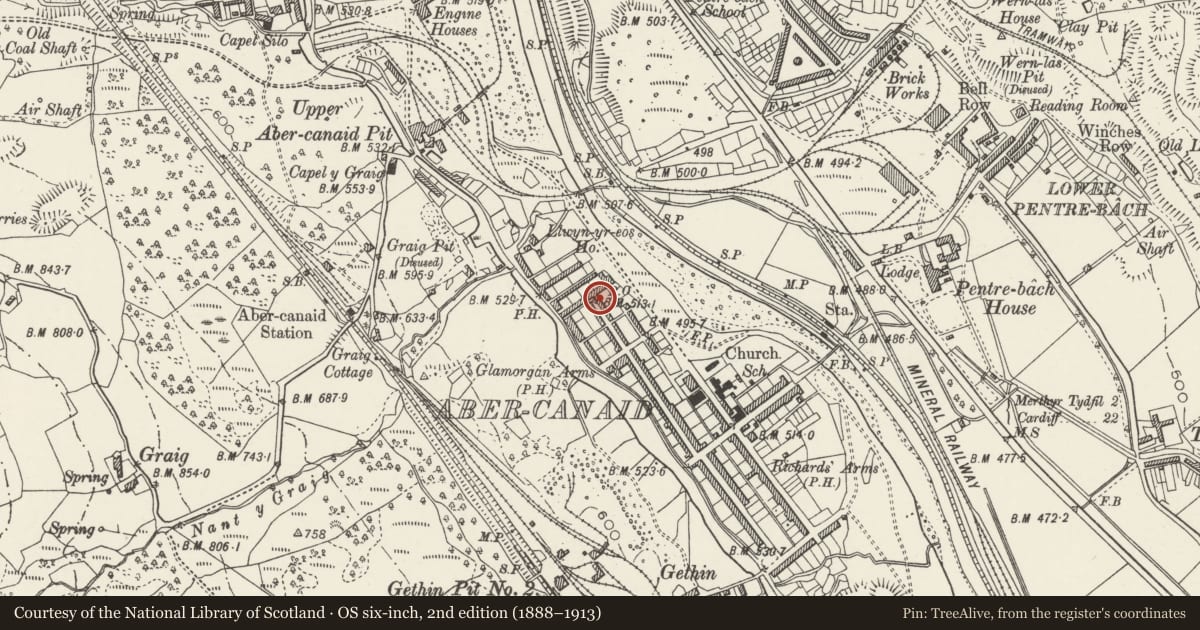 Ordnance Survey six-inch map, 2nd edition (1888–1913) covering the location of 1 Nightingale Street, Troed-y-Rhiw, Merthyr Tydfil, with a pin at the register's coordinates