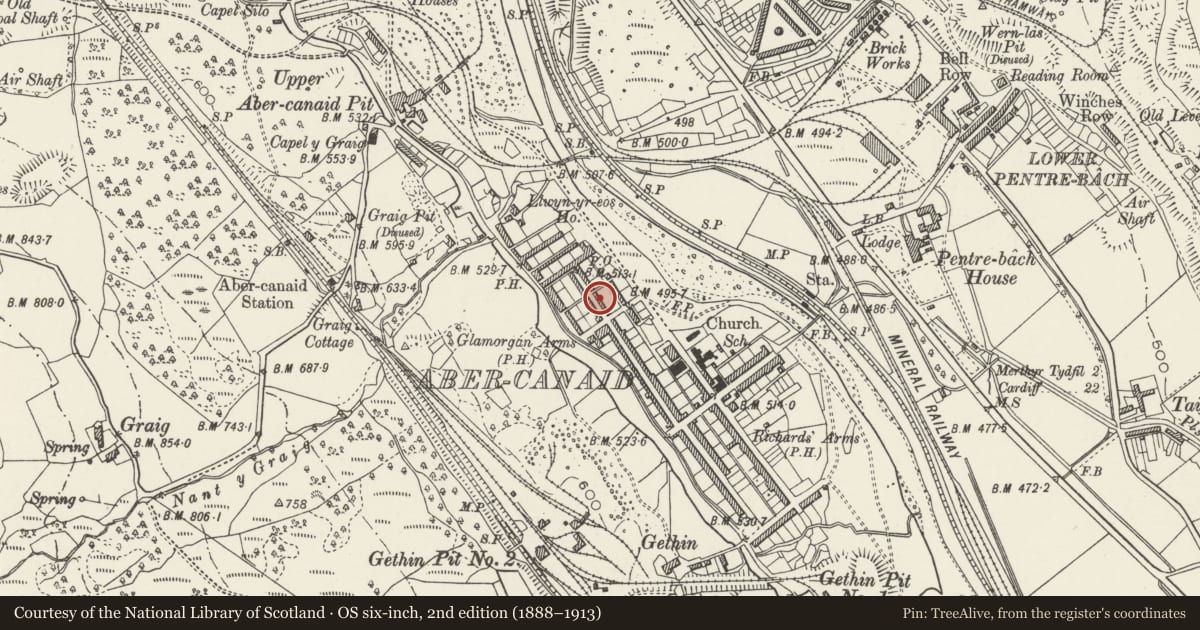 Ordnance Survey six-inch map, 2nd edition (1888–1913) covering the location of 7 Nightingale Street, Troed-y-Rhiw, Merthyr Tydfil, with a pin at the register's coordinates
