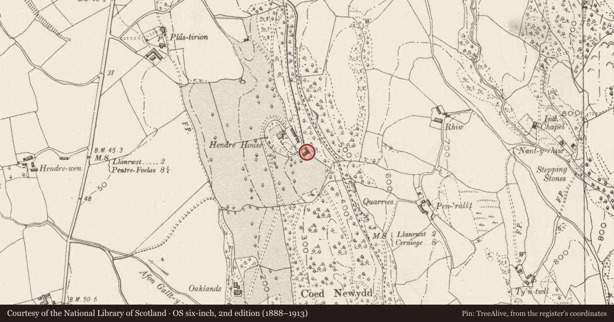 Ordnance Survey six-inch map, 2nd edition (1888–1913) covering the location of Agricultural Range at Hendre House, Bro Garmon, Conwy, with a pin at the register's coordinates