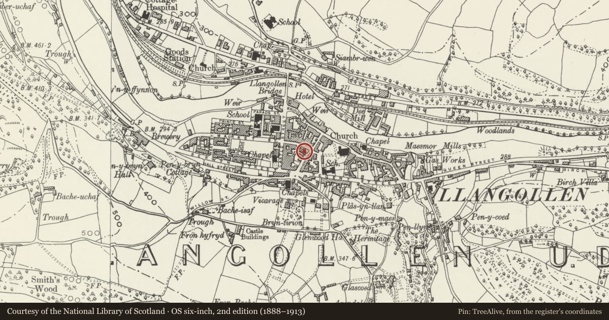Ordnance Survey six-inch map, 2nd edition (1888–1913) covering the location of Newsagents, Llangollen, Denbighshire, with a pin at the register's coordinates