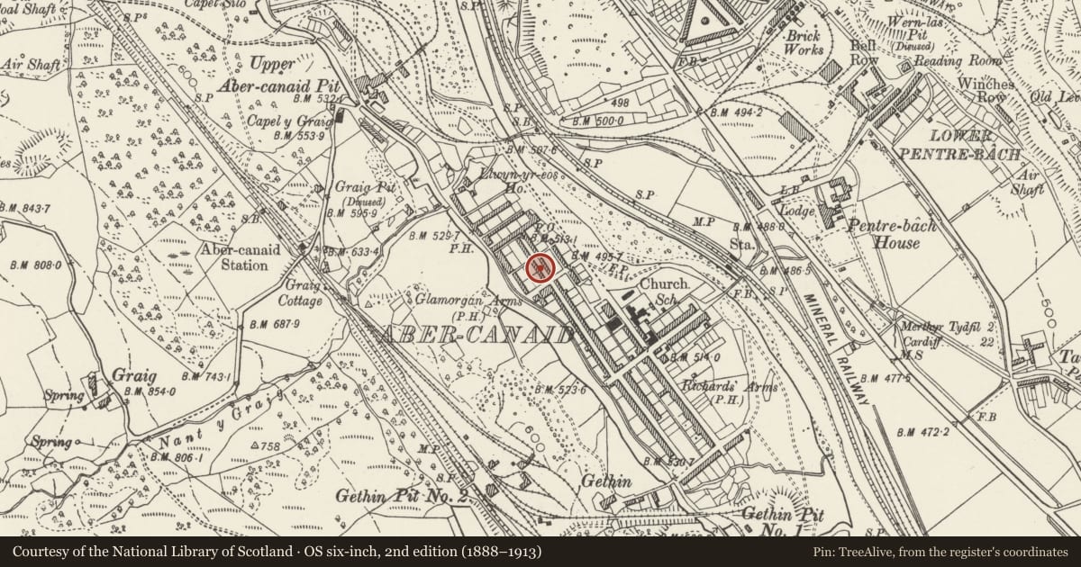 Ordnance Survey six-inch map, 2nd edition (1888–1913) covering the location of 70 Nightingale Street, Troed-y-Rhiw, Merthyr Tydfil, with a pin at the register's coordinates