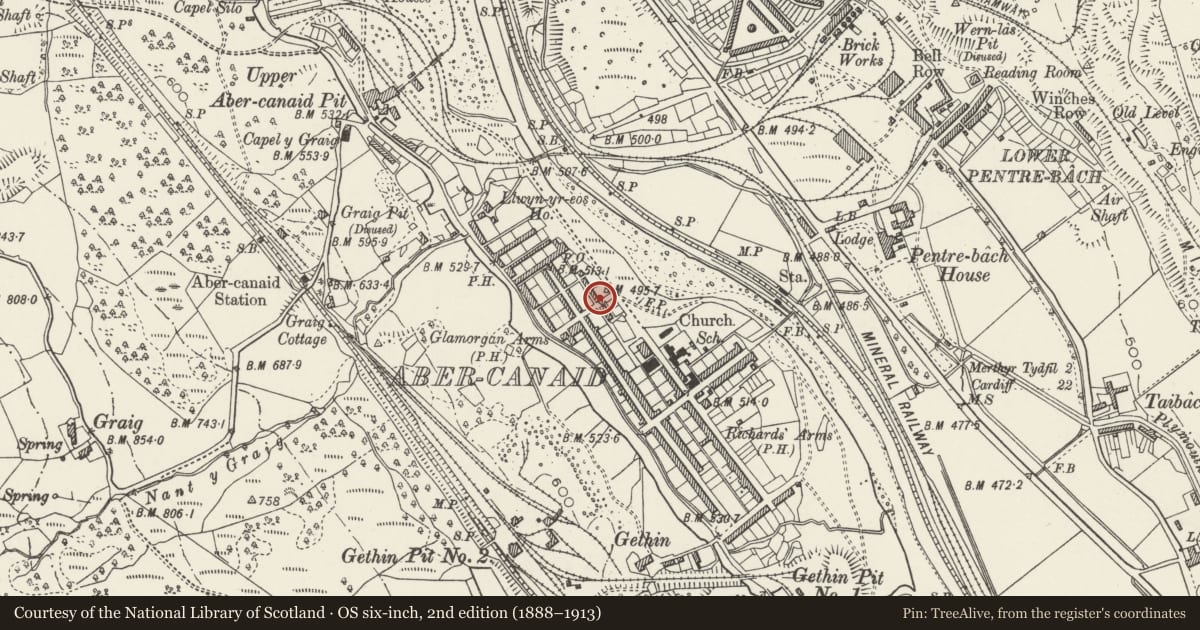 Ordnance Survey six-inch map, 2nd edition (1888–1913) covering the location of 1 River Row, Troed-y-Rhiw, Merthyr Tydfil, with a pin at the register's coordinates