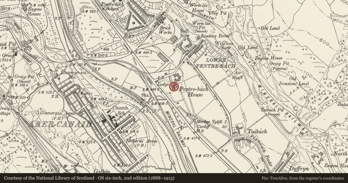 Ordnance Survey six-inch map, 2nd edition (1888–1913) covering the location of Pentrebach House, Troed-y-Rhiw, Merthyr Tydfil, with a pin at the register's coordinates
