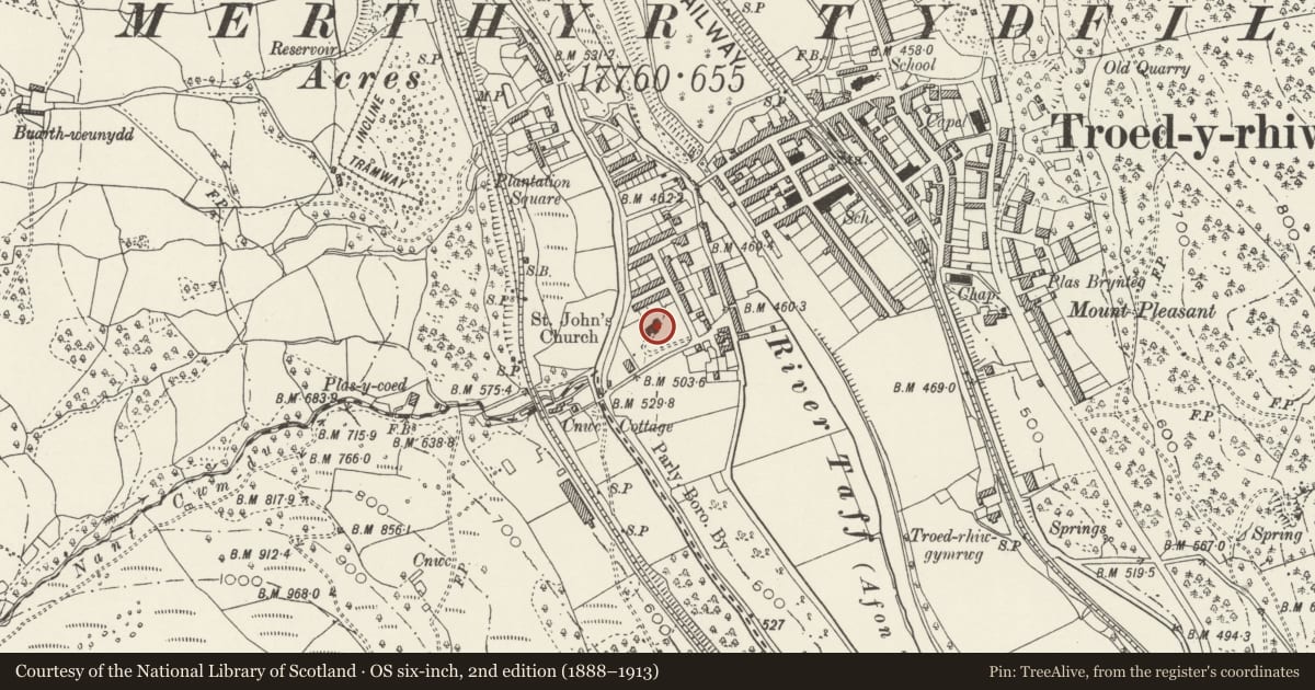 Ordnance Survey six-inch map, 2nd edition (1888–1913) covering the location of Church of St John the Baptist, Troed-y-Rhiw, Merthyr Tydfil, with a pin at the register's coordinates